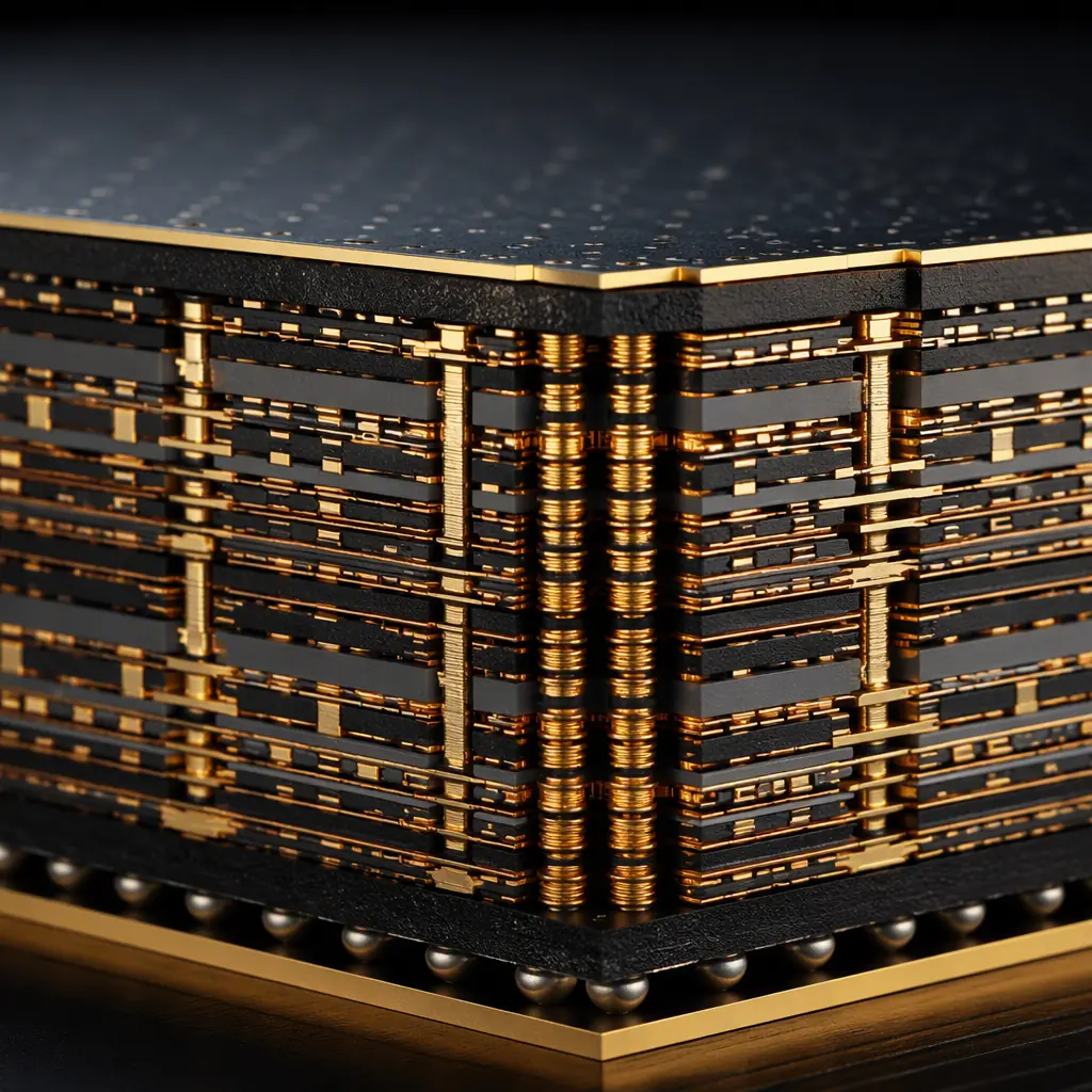 Photorealistic 3D cross-section render of a multi-layer HDI backplane showing dense microvia stacks