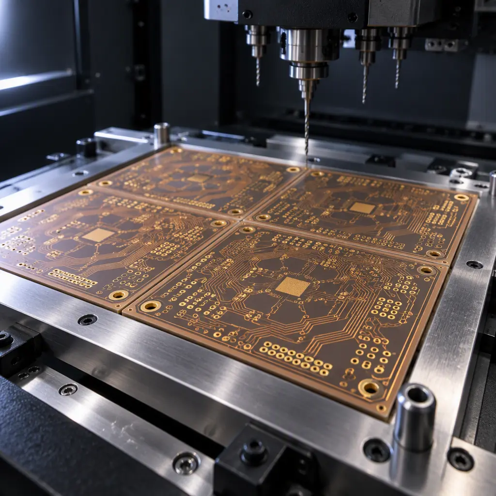 Macro photograph of a freshly fabricated bare printed circuit board panel held in a stainless steel fabrication frame on a drilling machine load station