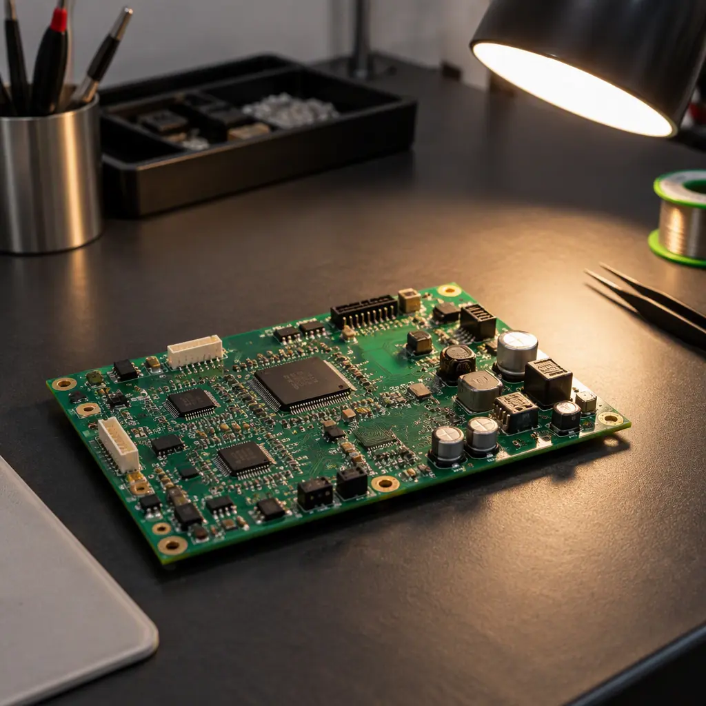 Approved first-article assembled printed circuit board resting on a clean inspection bench beside a bright task lamp