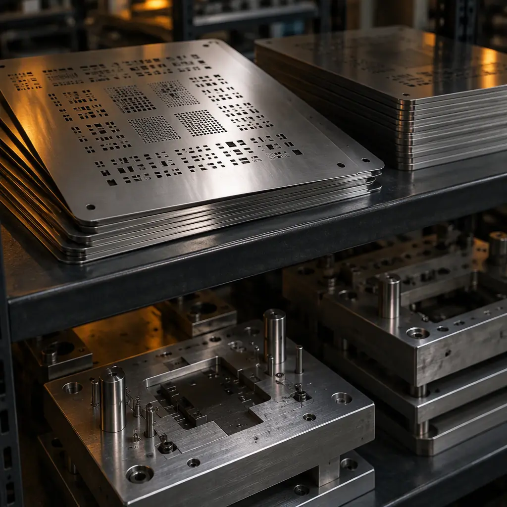 Studio macro photograph of custom SMT stencils and machined assembly fixtures stacked on a dark steel shelf in a tooling store
