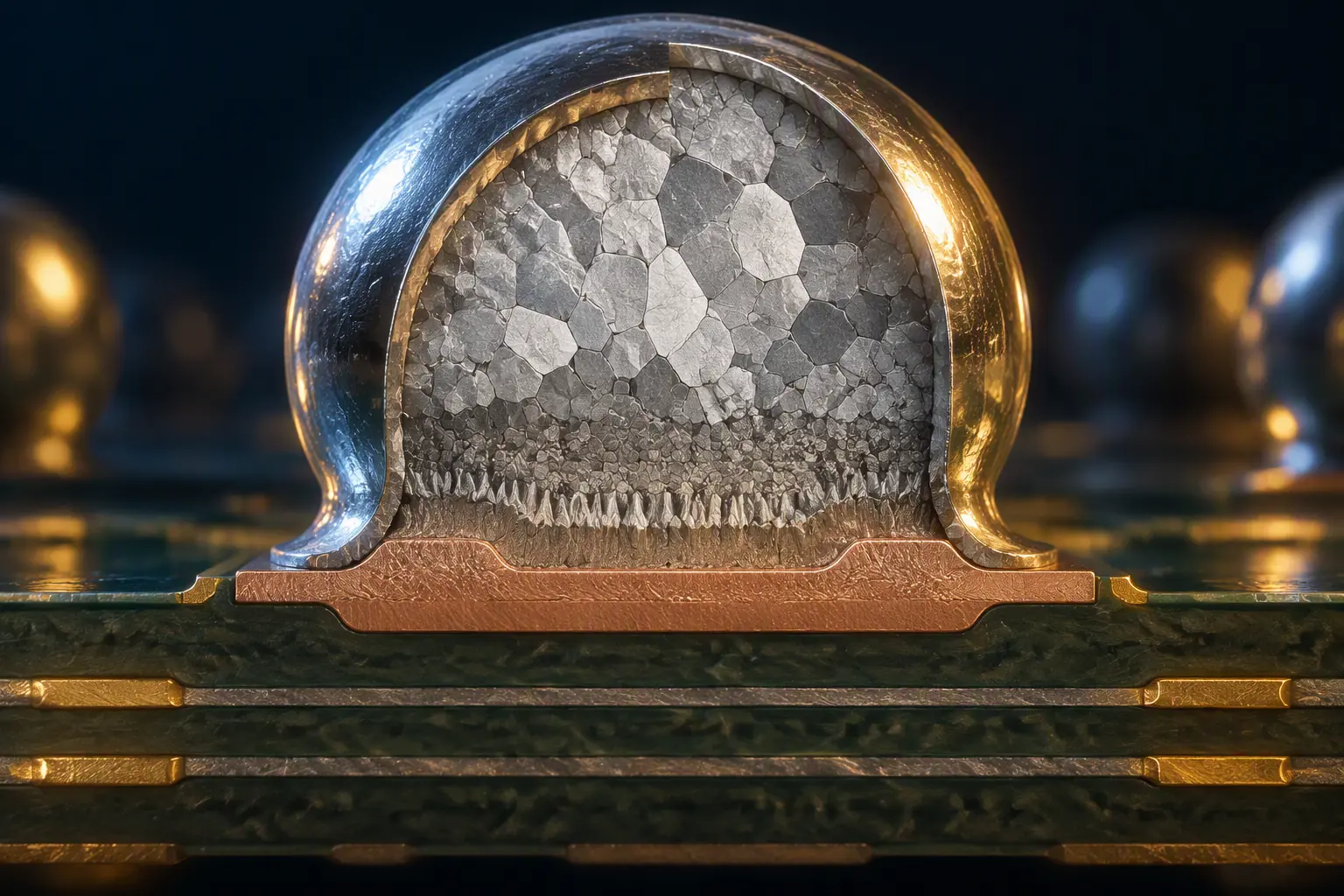Macro cross-section of a solder joint showing mixed alloy grain structure under magnification