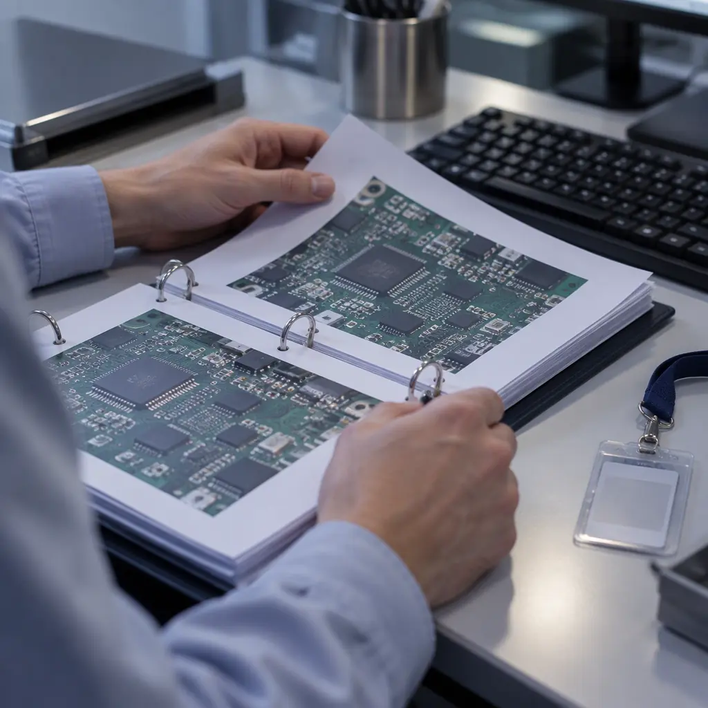 Engineer reviewing printed circuit board data files on a secured workstation in a controlled-access engineering office