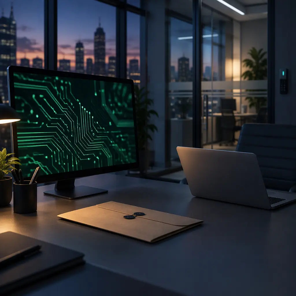 Printed circuit board design files displayed on a workstation screen beside a confidential document folder in an engineering office
