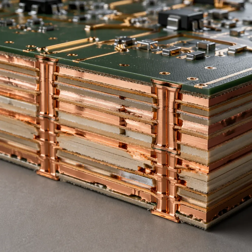 Cross-section of a heavy copper PCB showing thick 6oz copper layers and high-Tg substrate material