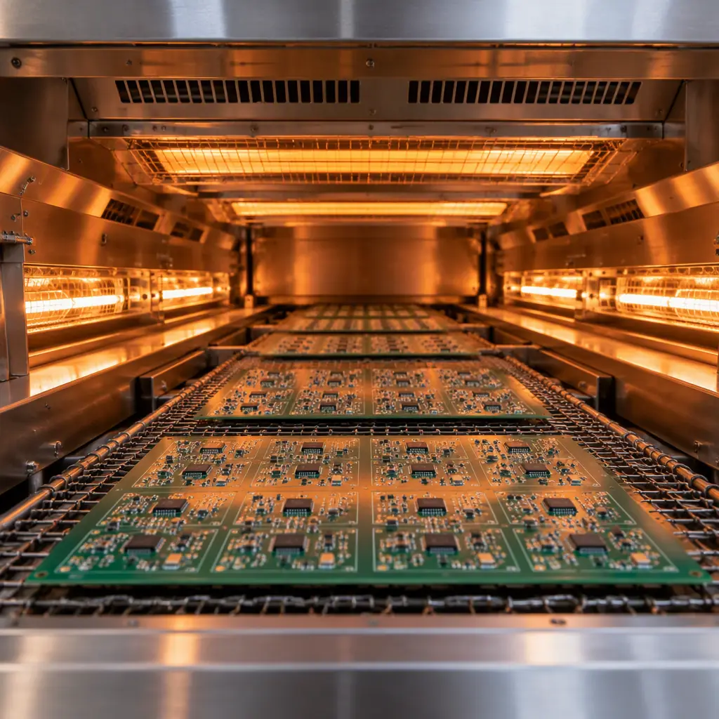 Reflow oven interior showing printed circuit board panels on a conveyor passing under heating zones