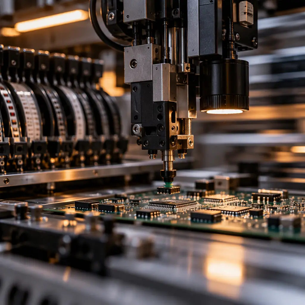 Surface mount placement machine in a printed circuit board assembly line with component feeders loaded