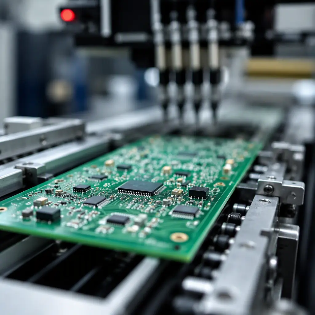 Photorealistic macro of a PCB assembly being inspected on an SMT line with pick-and-place equipment in the background