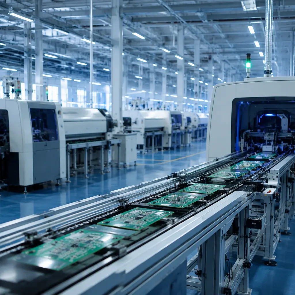 Photorealistic wide view of an electronics manufacturing floor with SMT lines and engineering workstations under bright industrial lighting