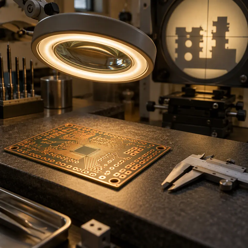 Inspector's bench with a magnifier lamp, profile projector and a stack of inspected PCB panels beside a signed inspection record