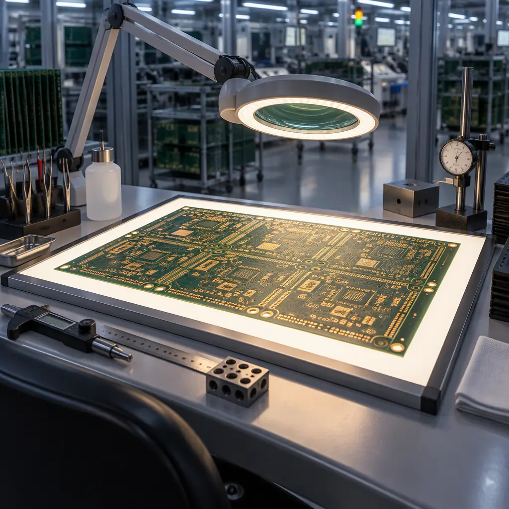 Panels of finished printed circuit boards stacked on a packing bench under inspection lighting in a PCB factory