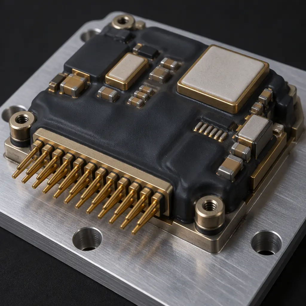 Space grade electronics assembly with dark matte silicone conformal coating, gold pins and ceramic components on an aluminium plate
