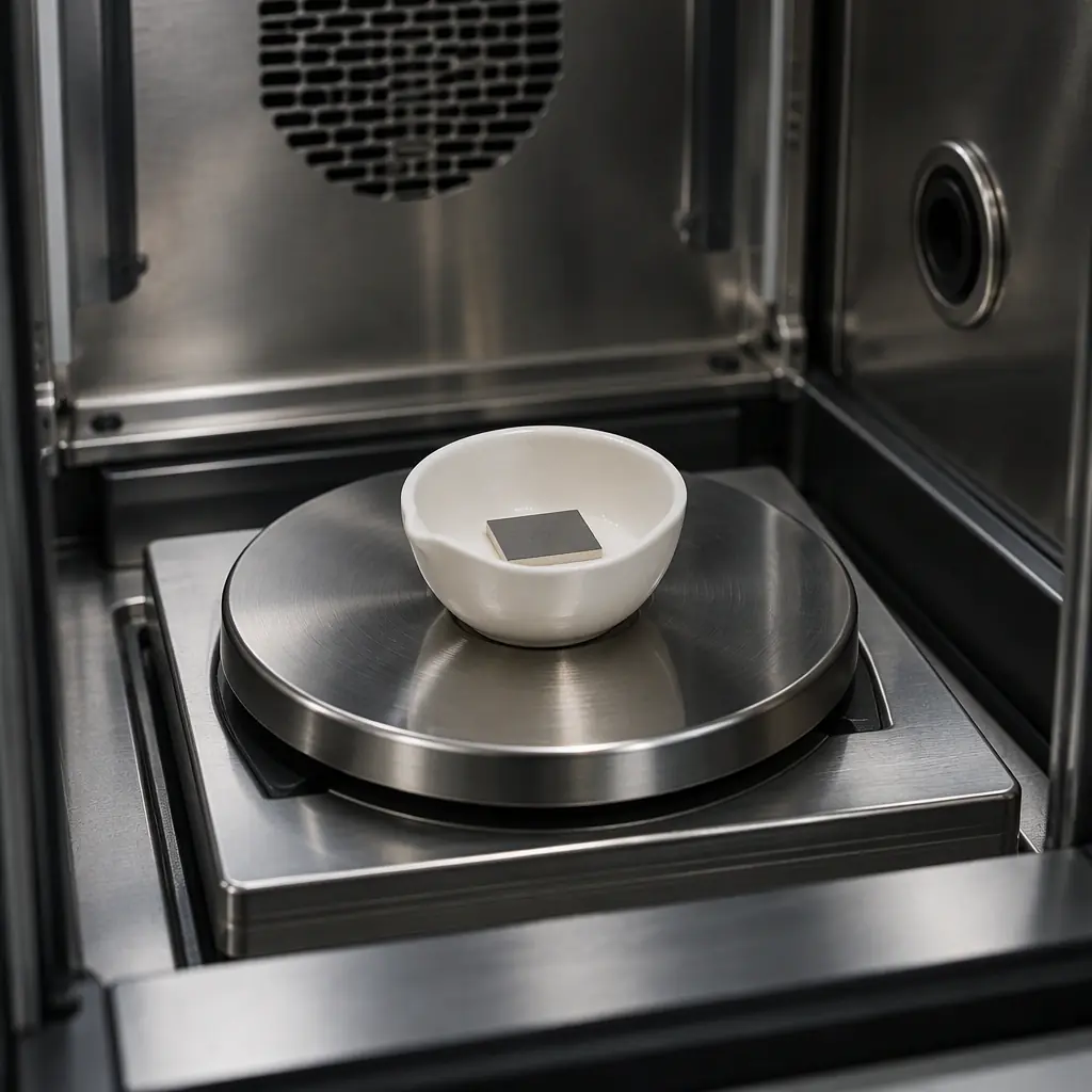 Coated sample coupon in a laboratory crucible on a precision balance inside a temperature-controlled vacuum chamber