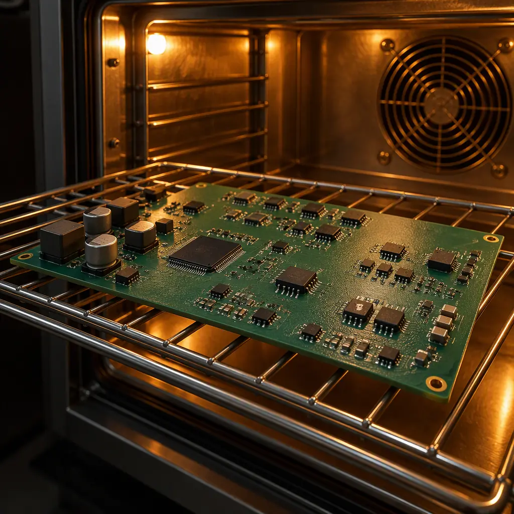 Baked conformal coated PCB in an open convection bake oven with the matte coating finish under warm amber light