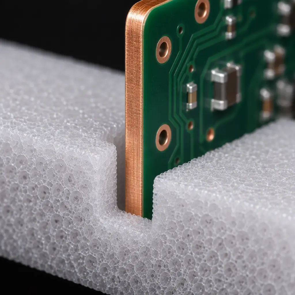 Macro photograph of a printed circuit board edge seated in a machined polyethylene foam slot