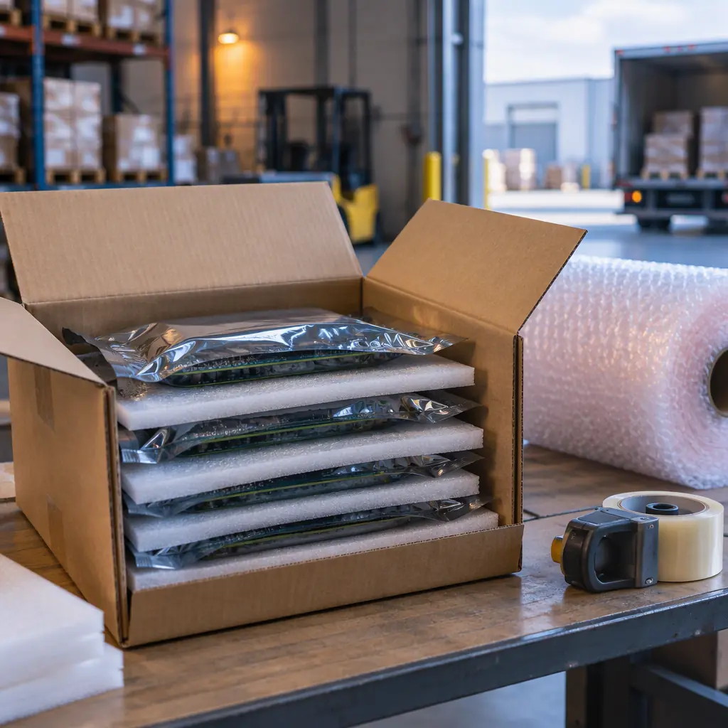 Photograph of an export carton on a packing bench with circuit boards in metallised barrier bags and foam interleaves
