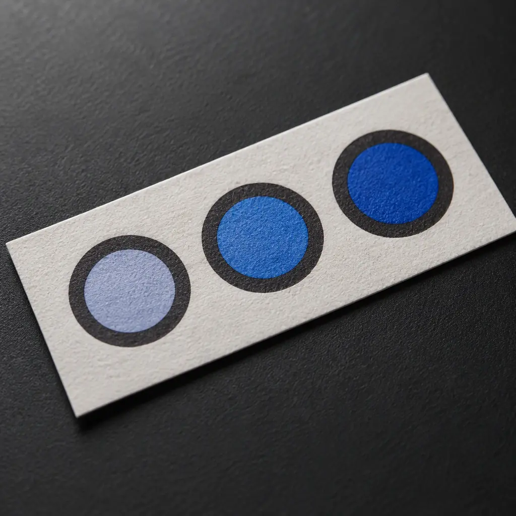 3D render of a humidity indicator card with three circular cobalt-blue indicator spots on white card stock