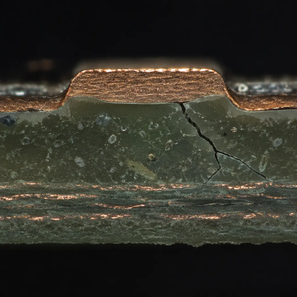 Photorealistic cross-section render of a PCB pad showing a crack propagating through the epoxy resin beneath the copper pad