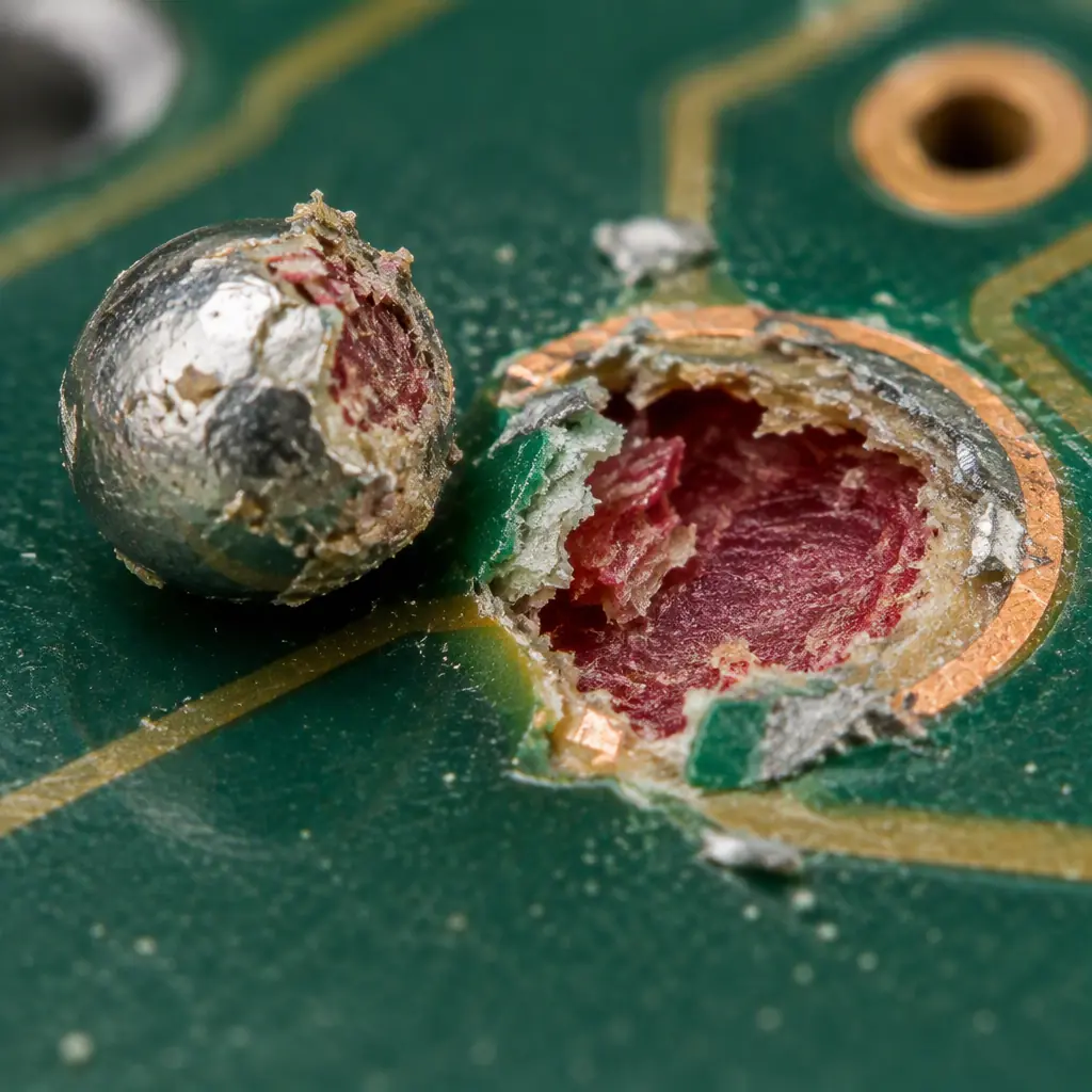 Macro photograph of a solder ball pulled from a PCB pad leaving a torn crater in the laminate with red dye stain visible in the fracture