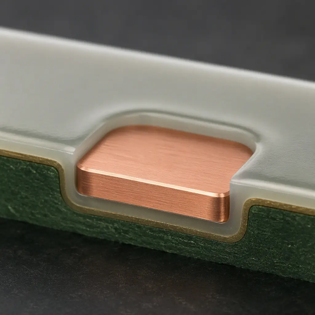 Photorealistic 3D cross-section render of a coated PCB pad showing an even, uniform parylene film layer over the conductive metal