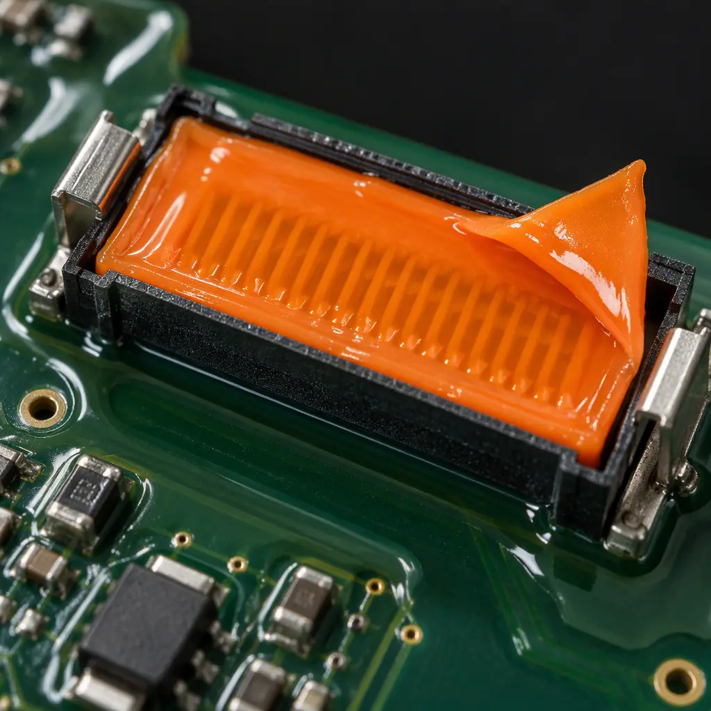 Close view of masked connector areas and coated circuit board surfaces after parylene vacuum deposition