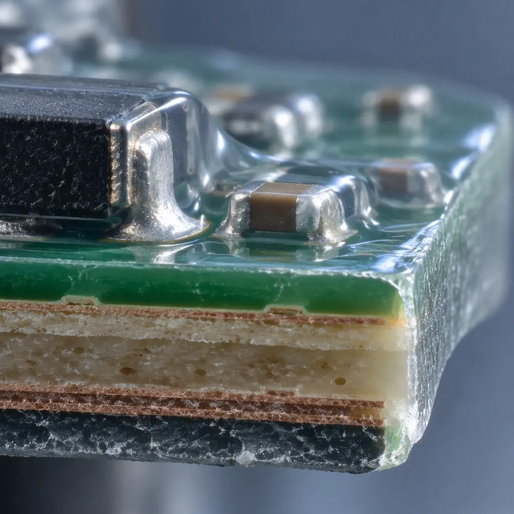 Macro view of a conformally coated printed circuit board with transparent parylene film over components and joints