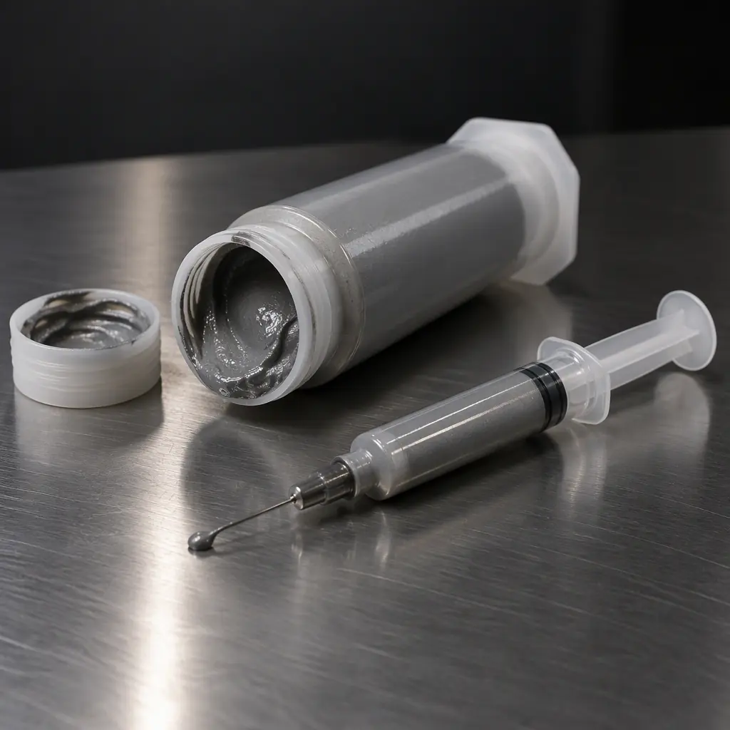 Photograph of an open 500 gram solder paste cartridge beside a syringe on a stainless steel work surface