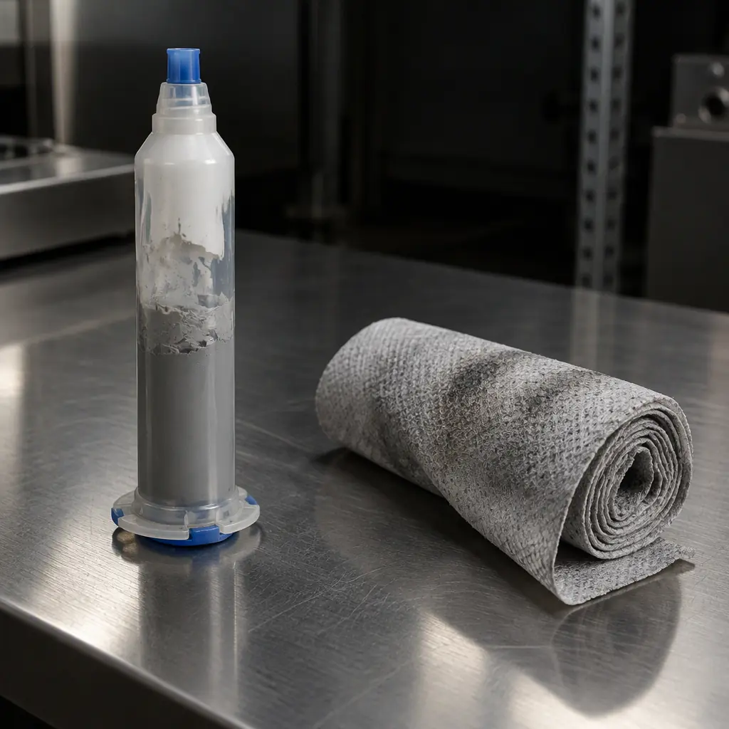 Photograph of a partially used solder paste cartridge heel and a used stencil cleaning wipe roll in a production waste bin