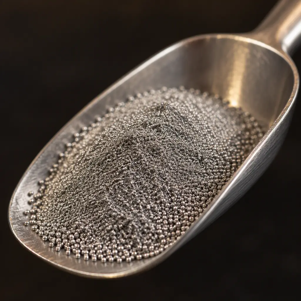 Close-up photograph of solder paste powder in a metal scoop on an industrial laboratory bench