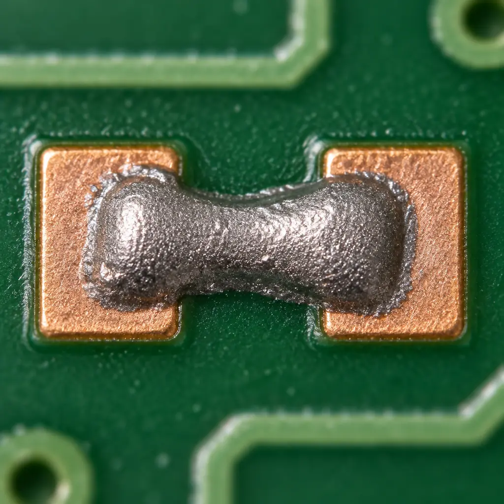 Macro photograph of two adjacent SMT pads bridged by a single smear of grey solder paste on a green solder-masked board