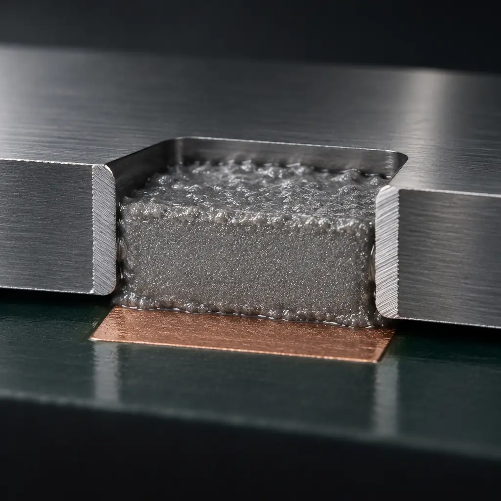 3D cross-section render of a solder paste deposit inside a laser-cut stencil aperture above a copper pad