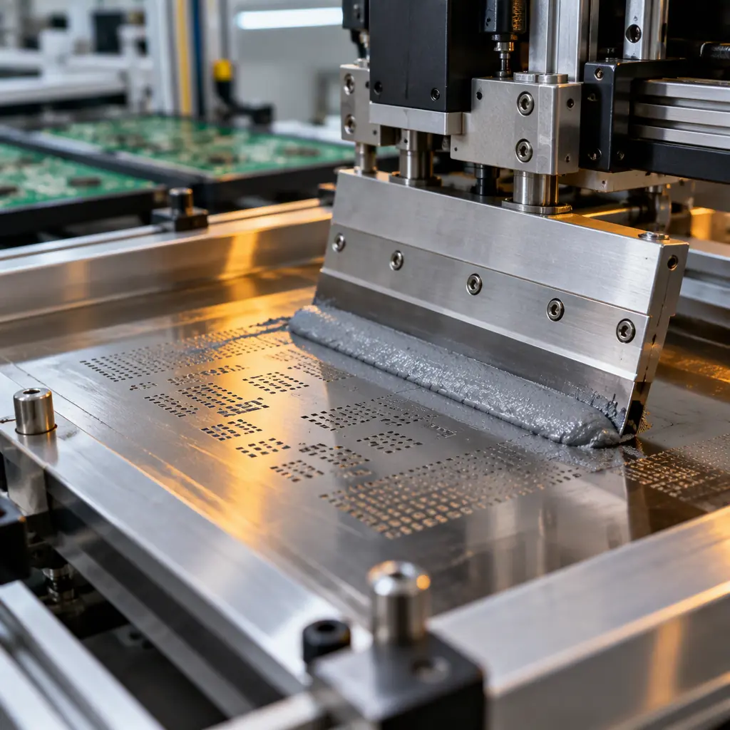 Close view of an SMT printer squeegee blade rolling a bead of grey solder paste across a laser-cut stainless stencil above a green board