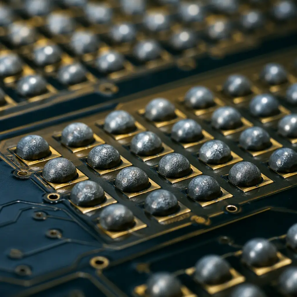 Rows of uniform grey solder paste deposits on gold plated copper pads of a PCB, deposited by a jetting head