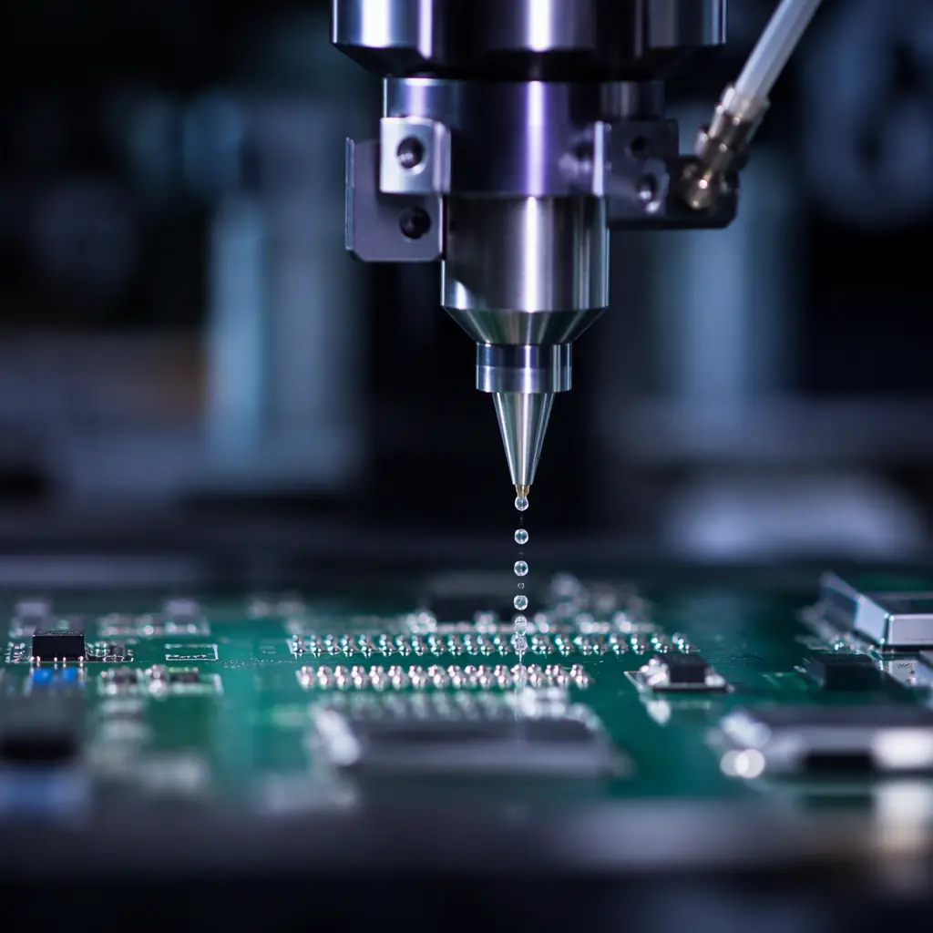 Piezoelectric solder paste jetting head depositing paste droplets onto a PCB