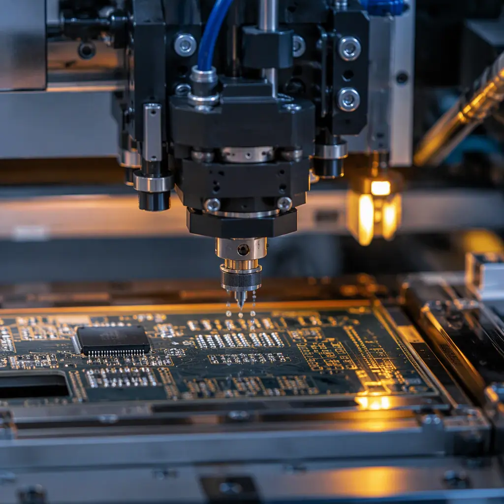 Close-up of a solder paste jetting head depositing micro droplets onto fine-pitch PCB pads during SMT assembly