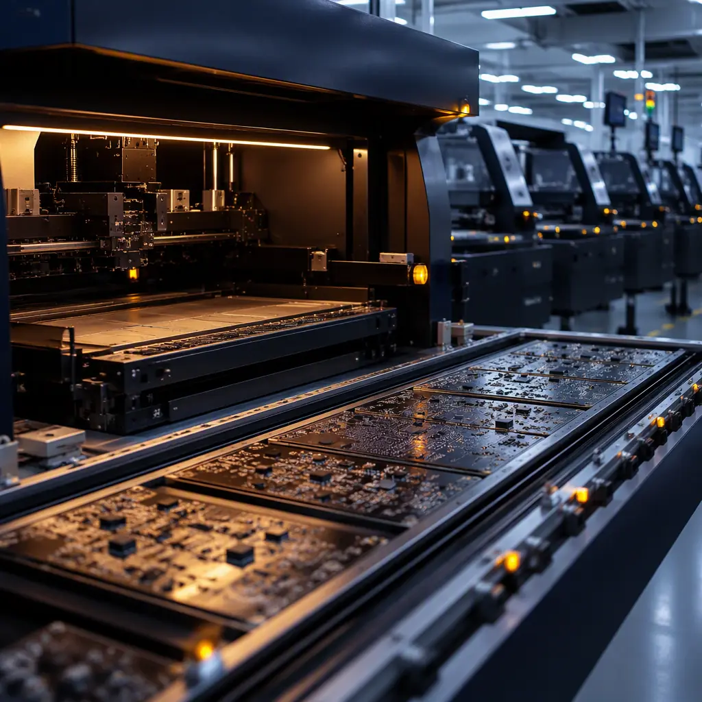 SMT operator loading a different PCB product onto a paste jetting line with no stencil changeover required