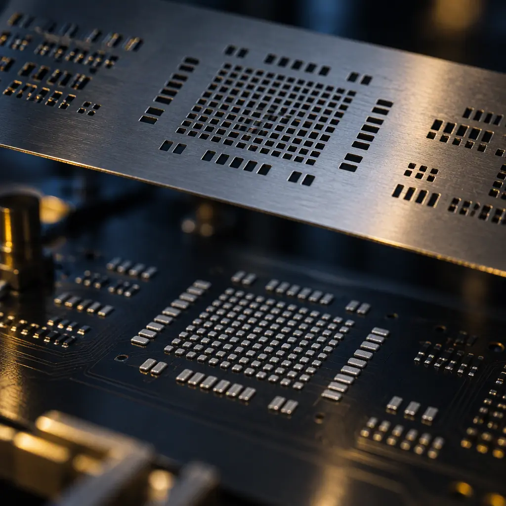 Close-up of a stainless steel SMT stencil showing fine-pitch apertures after paste printing