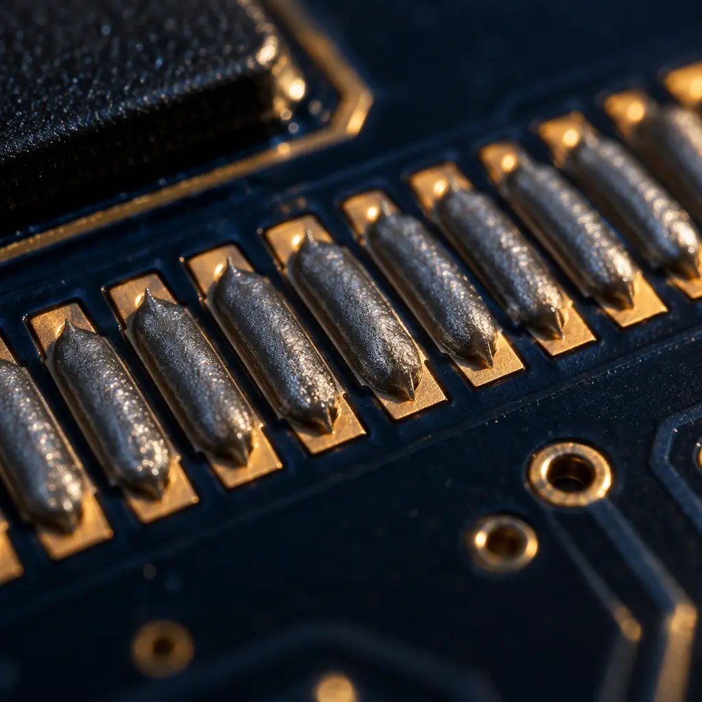 Macro view of solder paste deposits printed onto copper pads on a bare PCB