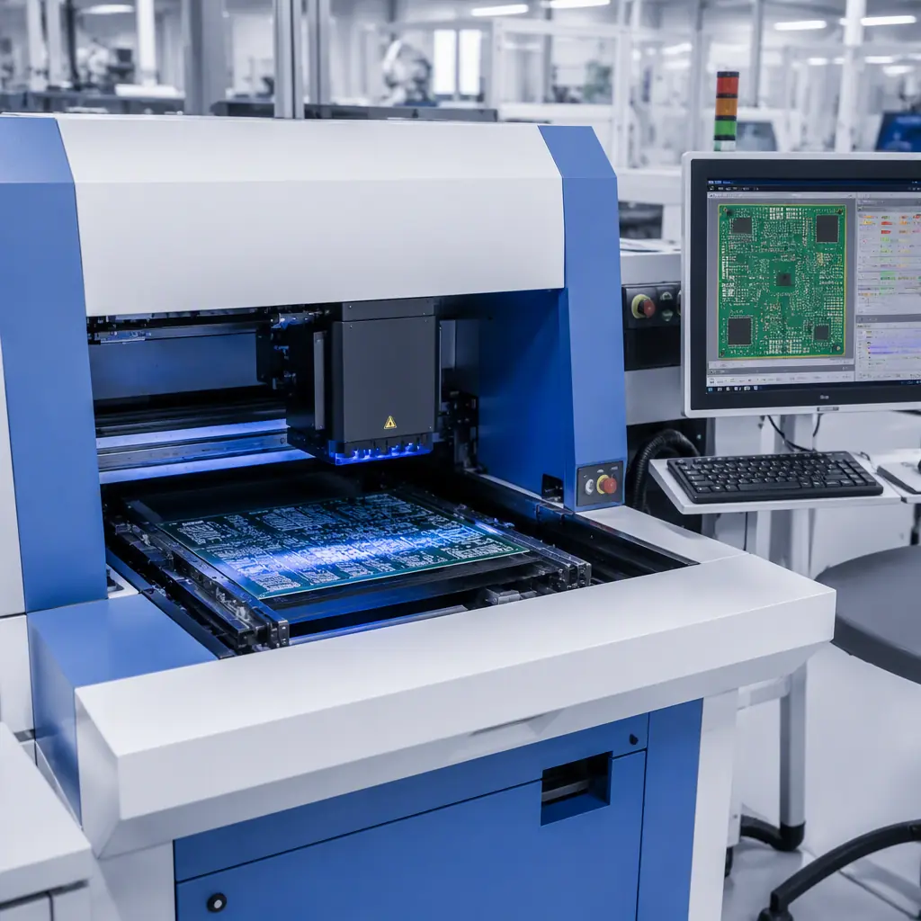 SPI machine performing 3D structured light inspection of solder paste deposits