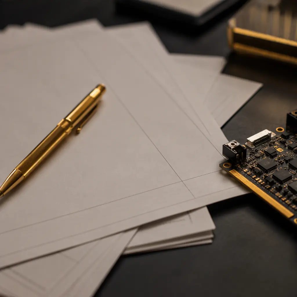Close-up of export shipping documents and a PCB sample on a clean desk with a pen