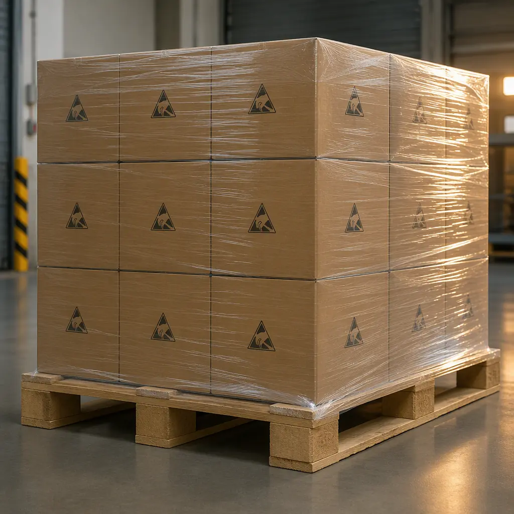 Stacked ESD-safe cartons of finished PCBs shrink-wrapped on a pallet in a factory shipping area