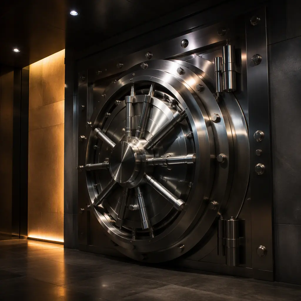 Modern secure bank vault door with brushed metal details in a dim corridor