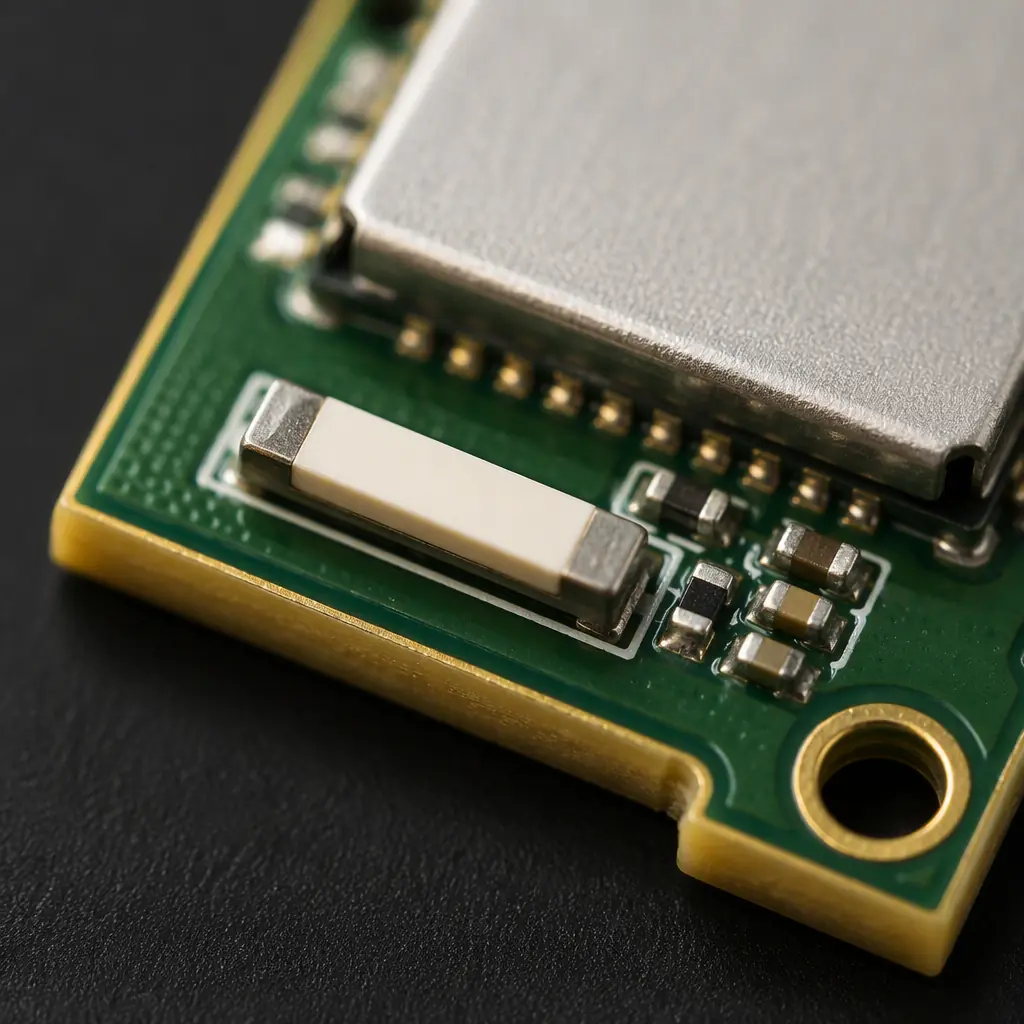 Macro photo of a chip antenna at the corner of a compact wireless module with its matching components