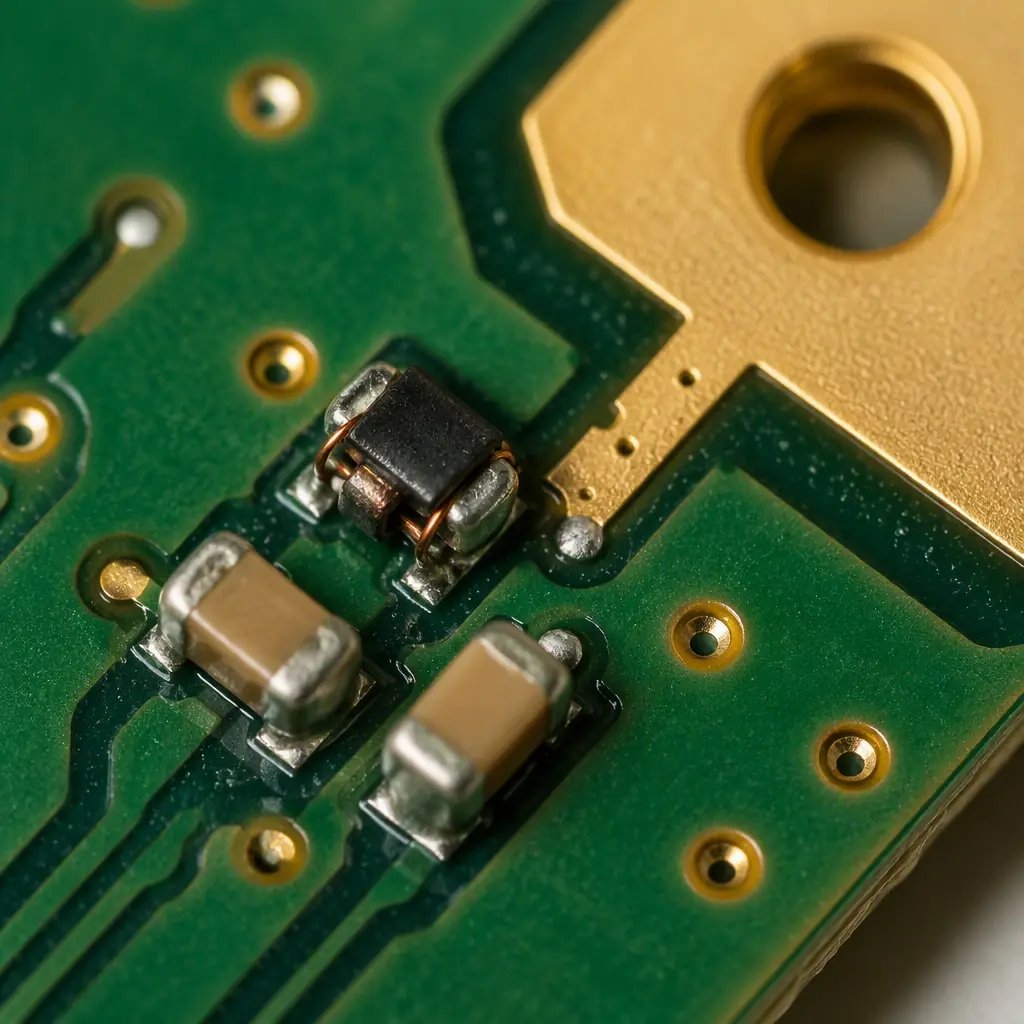 Macro photo of a pi matching network with small inductors and capacitors at an antenna feed point