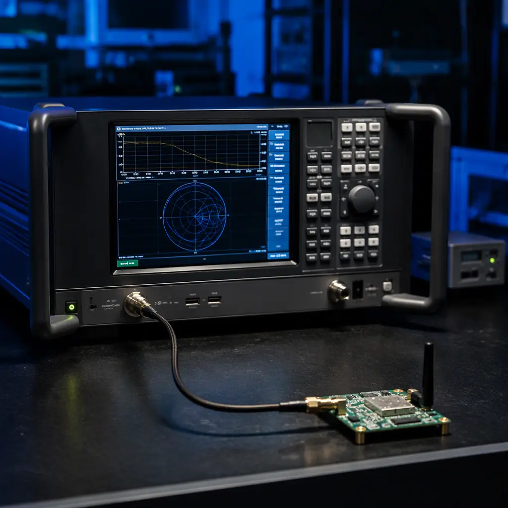 Macro photo of an RF test setup measuring a wireless board with a vector network analyzer
