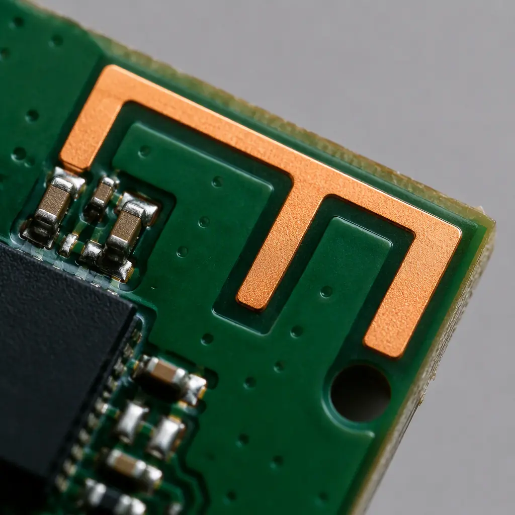Macro photo of an inverted-F trace antenna at the edge of a wireless PCB