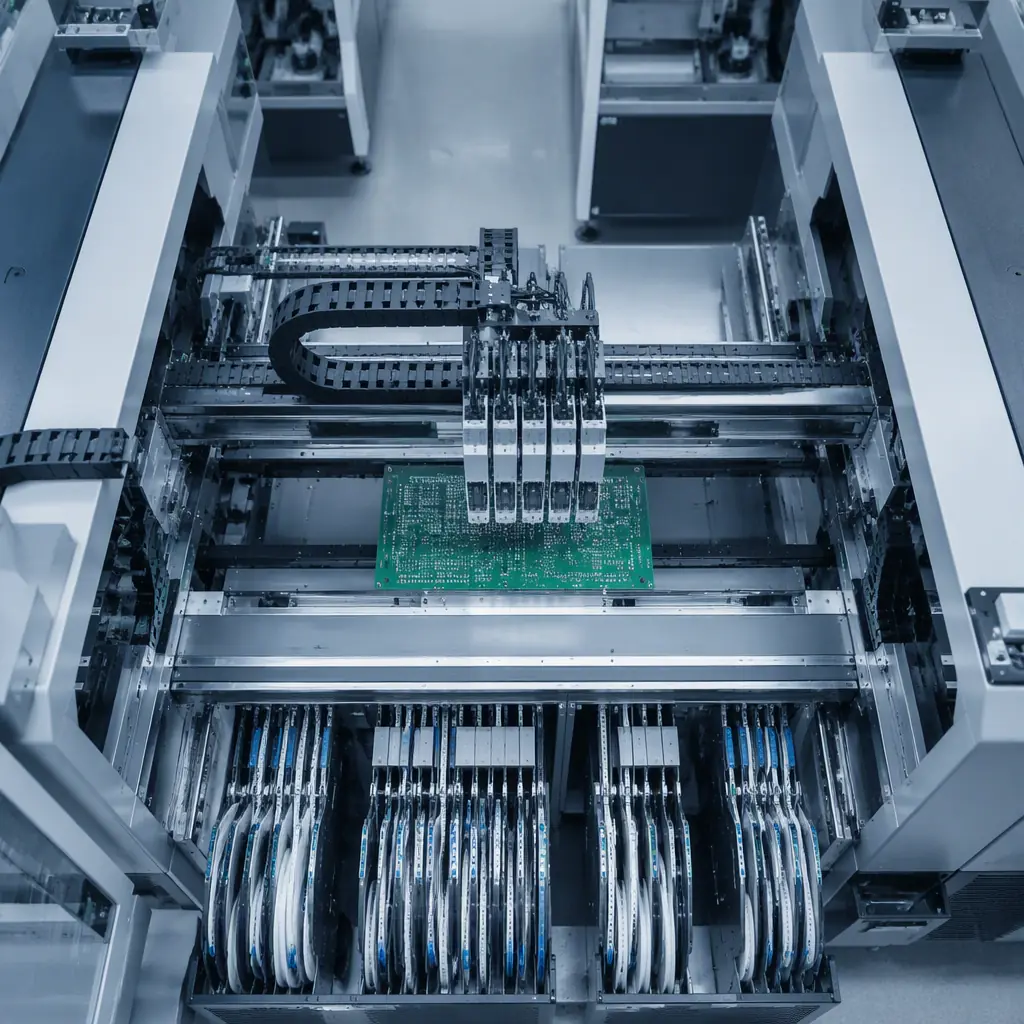 Overhead view of a high-speed SMT pick-and-place machine moving components onto a printed circuit board in a cleanroom