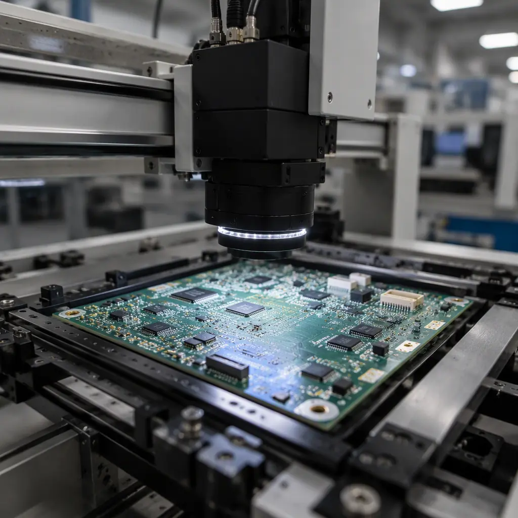 Automated optical inspection machine scanning an assembled PCBA with a camera, showing inspection of solder joints