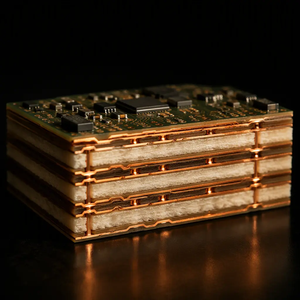 Stackup cross-section of a multilayer PCB showing copper layers and dielectric thickness