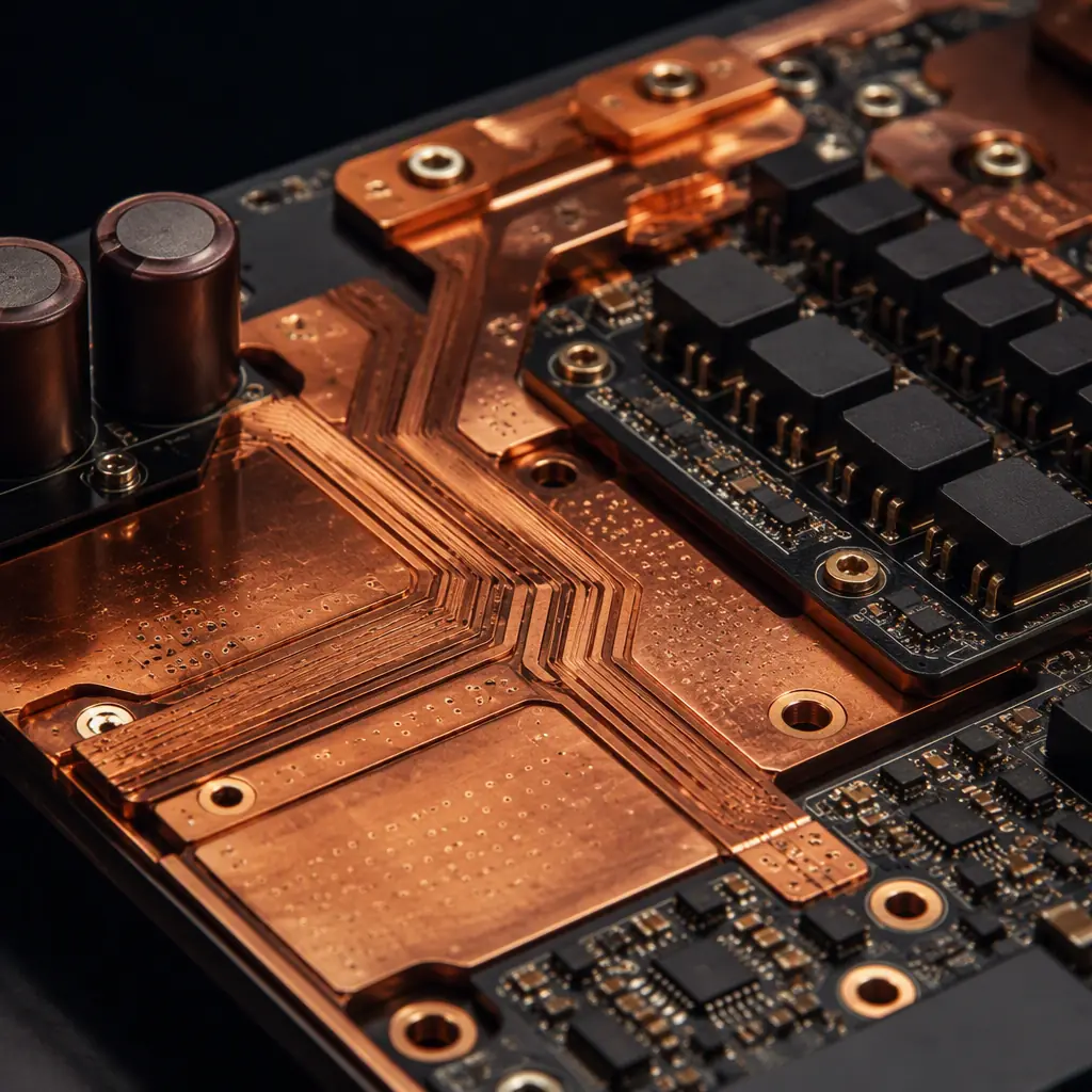 Thick heavy-copper power PCB with wide copper traces for high current