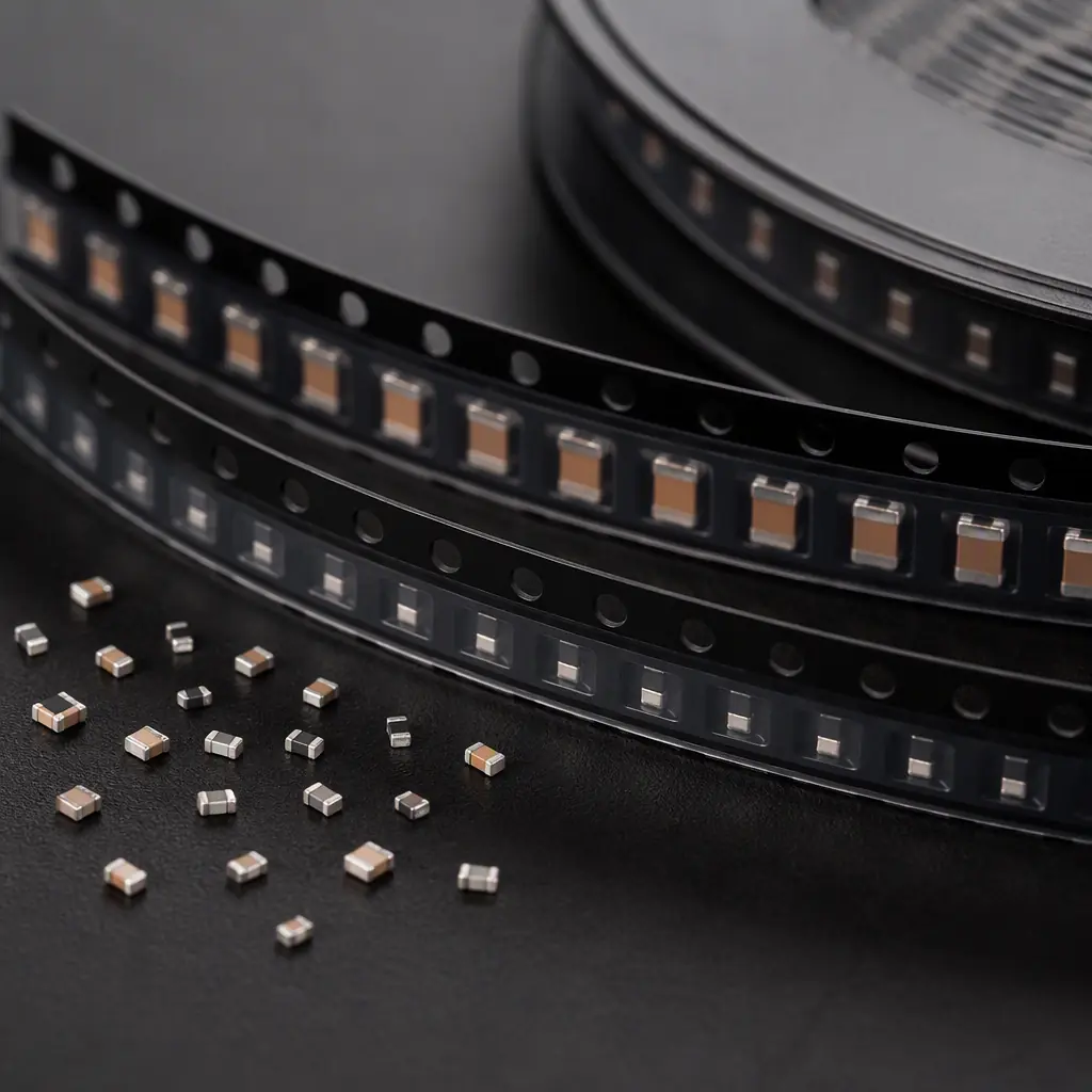 Macro photograph of SMD resistors and capacitors in cut tape and reels on an ESD-safe workbench representing a PCB assembly BOM
